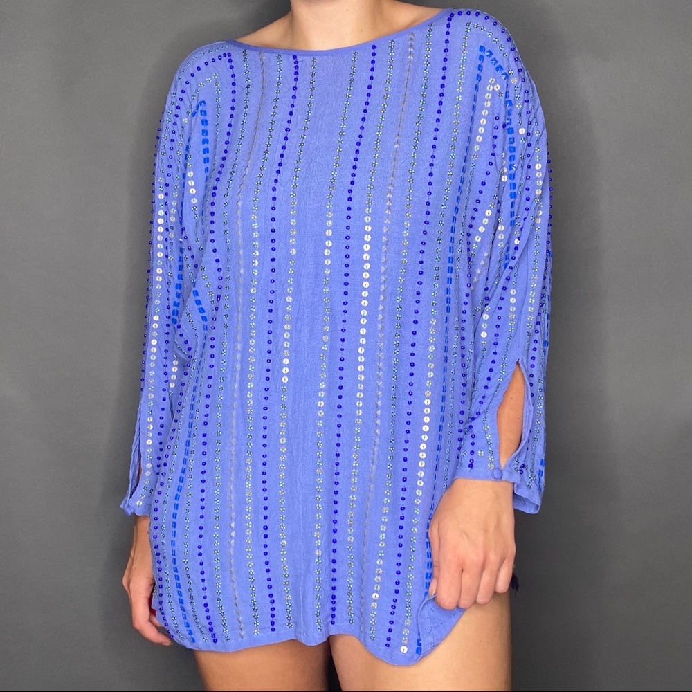 Bl^nk Sequin Stripe 3/4 Sleeve Marina Blue Tunic L